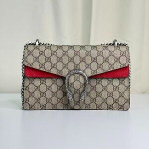 Gucci GG Logo Supreme Medium Dionysus Shoulder Bag with Red Interior